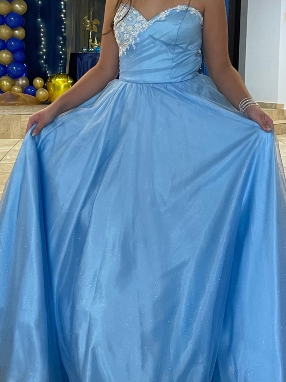 Light Blue Strapless Ball Gown Dress with Embellished Bodice
